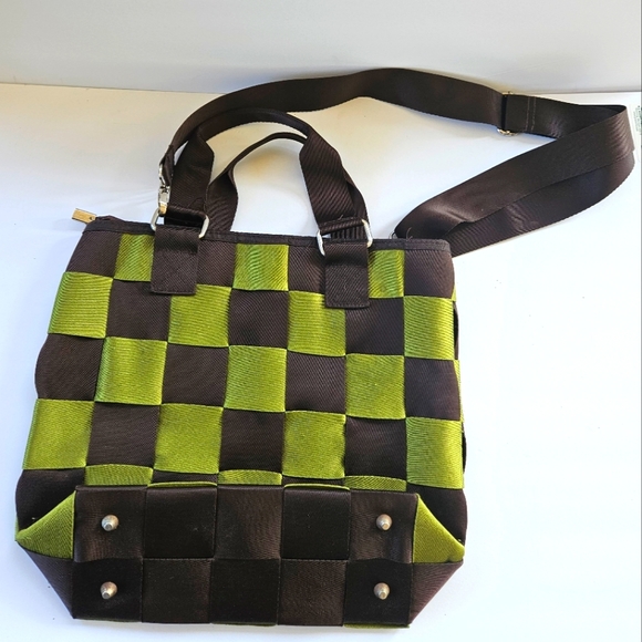 Handbags - Nylon Brown and Green Basket Weave Shoulder Bag Heavy Duty